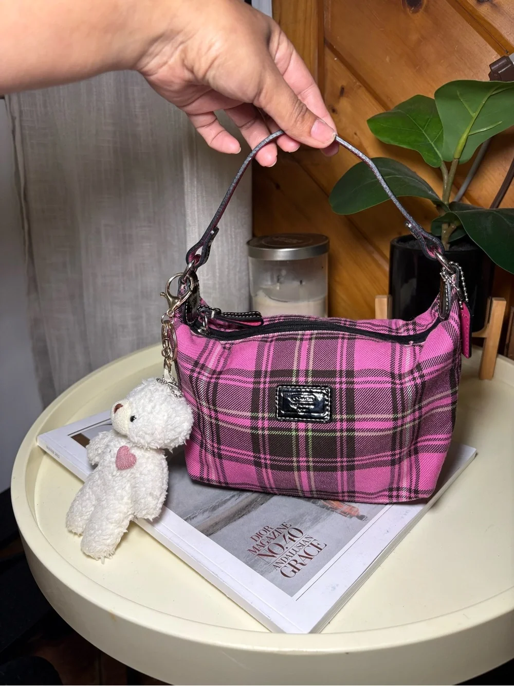 Coach Pink Plaid Mini Shoulder Bag with Teddy Charm